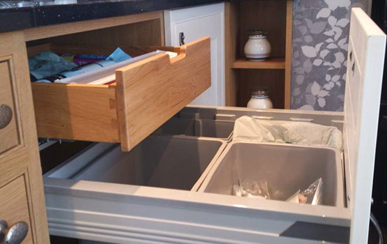 Integrated Recycling Bin with solid oak drawer above - no need for an ugly bin anymore